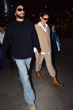 Pics: स्टाइलिश अंदाज में एयरपोर्ट पर स्पॉट हुए Deepika-Ranveer, पैपराजी संग एक्ट्रेस ने Fighter के गाने पर किया डांस
