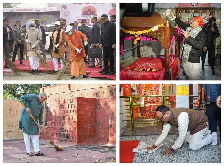 BJP President JP Nadda, CM Yogi Adityanath, and other leaders engaged in a cleanliness drive of temples following PM Modi's call for a week-long campaign ahead of the ‘Pran Pratishtha’ on January 22.