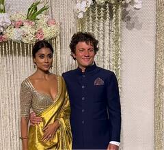 Ira Khan Wedding Reception: Shriya Saran Stuns In Golden Saree, Kisses Husband Andrei Koscheev