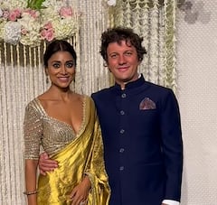 Ira Khan Wedding Reception: Shriya Saran Stuns In Golden Saree, Kisses Husband Andrei Koscheev