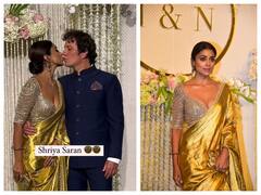Ira Khan Wedding Reception: Shriya Saran Stuns In Golden Saree, Kisses Husband Andrei Koscheev