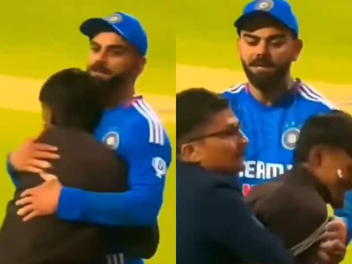 Fan touched Virat Kohli's feet in live match during IND vs AFG 2nd T20I watch video Watch: लाइव मैच में किंग कोहली ने जीता दिल, पैरों से लिपटा फैन, सिक्योरिटी ऑफिसर से बोले- आराम से...