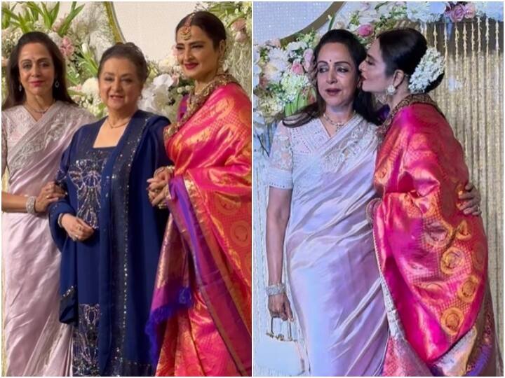 ira khan nupur shikhare wedding reception rekha kisses hema malini and welcomes saira banu video viral Video: आयरा-नूपुर की रिसेप्शन पार्टी में Rekha ने हेमा मालिनी को किया Kiss, सायरा बानो को लगाया लगे, लोगों ने ऐसे किया रिएक्ट
