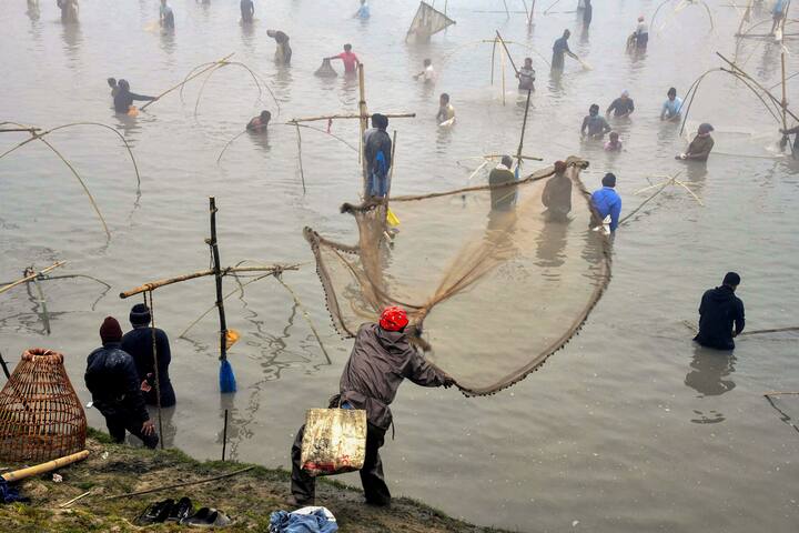 Villagers take part in a community fishing event at a lake as part of Magh Bihu (Bhogali Bihu) celebrations, near Tezpur in Sonitpur district. (Image Source: PTI)
