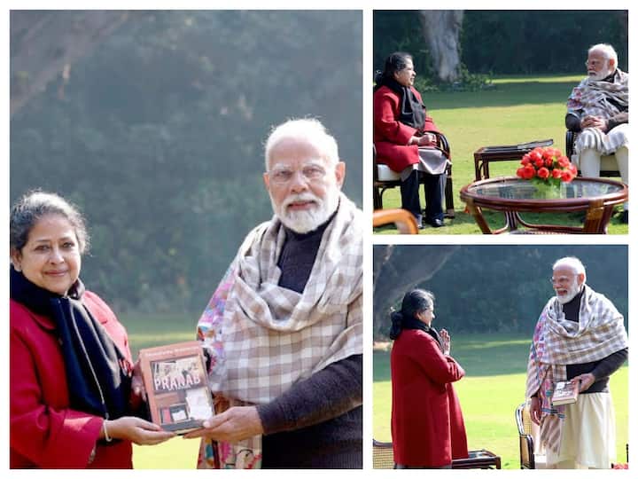 Sharmistha Mukherjee gives a copy of her book ‘Pranab My Father: A Daughter Remembers’ to Prime Minister Narendra Modi.