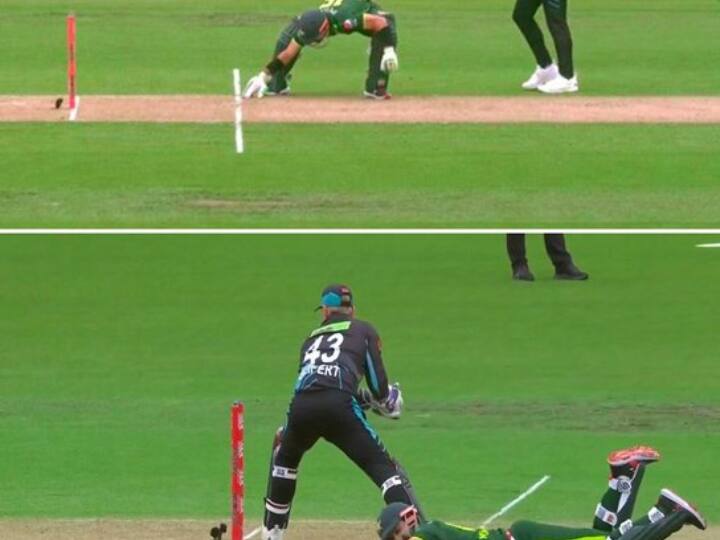 Mohammad Rizwan runs without bat touches down with gloves but can't believe the outcome PAK vs NZ video Watch: बल्ले के बजाय हाथ से पूरा किया रन, फिर अपनी गलती से हुए हैरान, मोहम्मद रिजवान का वीडियो देख नहीं रोक पाएंगे हंसी