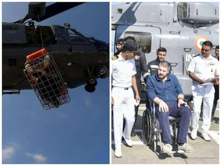 Indian Navy Advanced Light Helicopter INS Shikra Mumbai Rescues Patient From French Container Ship Using WATCH: Indian Navy Chopper Rescues Patient From French Cargo Ship Using