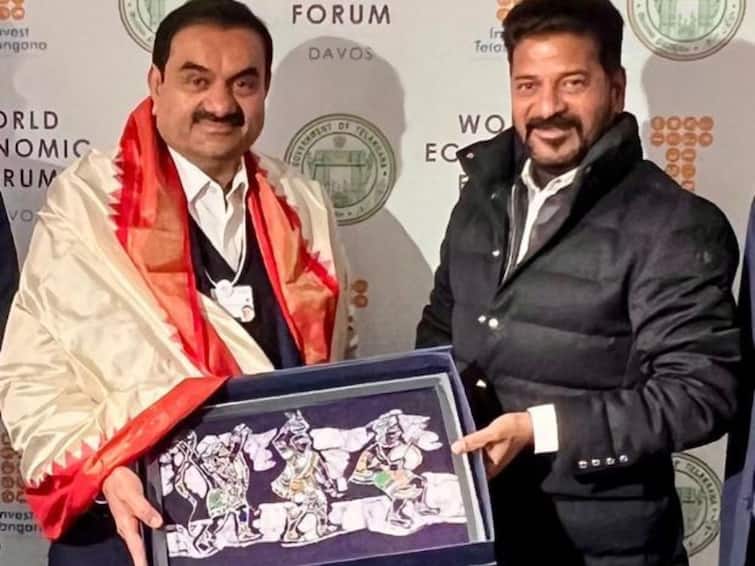 Adani Group Telangana Sign 4 MoUs WEF Davos For Over Rs 12,400 Crore Gautam Adani Revanth Reddy Telangana Signs 4 MoUs With Adani Group For Over Rs 12,400 Crore At WEF In Davos