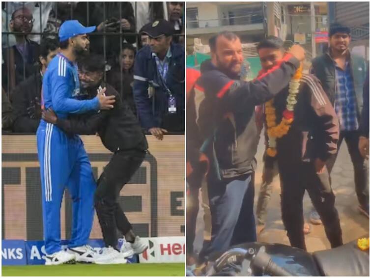 Watch Viral Video Virat Kohli Fan Felicitated For Breaching Security Hug Virat Kohli IND vs AFG T20I Indore Watch: Fan 'Honoured' Back Home For Breaching Security To Hug Virat Kohli In IND-AFG Match