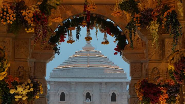 The grand Ram temple has been decorated with flowers and special lights ahead of the Pran Pratistha ceremony on Monday. (Image Source: X/@ShriRamTeerth)