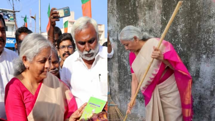 Union Finance Minister Nirmala Sitharaman on Sunday participated in a cleanliness drive under the Swachh Teerth Campaign at Eri Katha Ramar Temple in Madhuranthakam, Tamil Nadu.