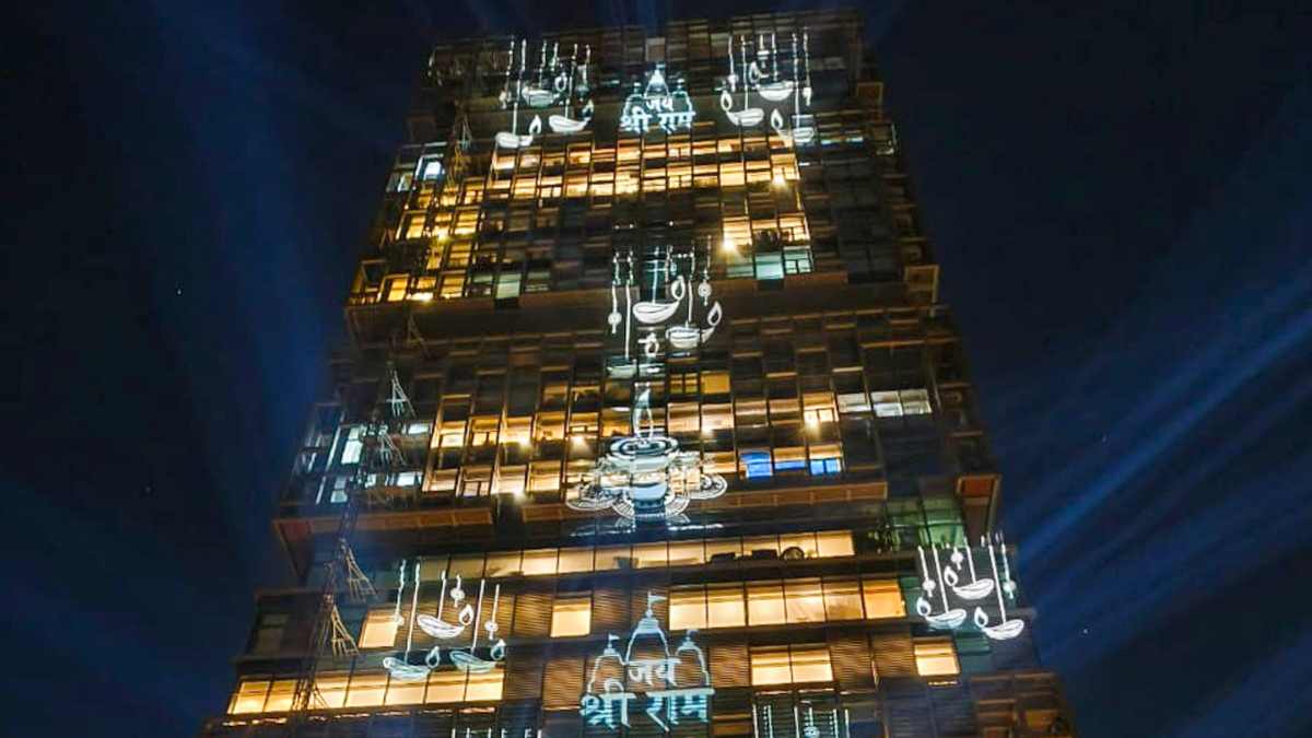 The iconic Mumbai home of the Reliance Industries (RIL) Chairman and Managing Director was lit up with diyas and holographic images of 'Jai Shri Ram' in preparation of the Ram Mandir inauguration. PTI