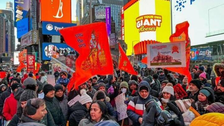 Times Square in the US was decked up by the Indian diaspora on Monday who were celebrating the homecoming of Lord Ram in Ayodhya. (Image Source: X/@ANI)
