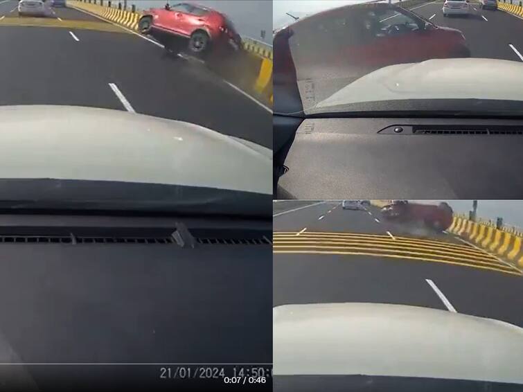 First Accident On Mumbai's New Atal Setu, Car Rams Railing And Flips Over in longest sea bridge Watch Video: நாட்டின் நீளமான கடற்பாலத்தில் நடந்த விபத்து : பல மீட்டர் தூரத்திற்கு உருண்டுசென்ற காரின் வீடியோ..!