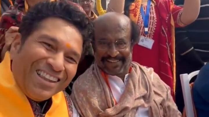 सबसे पहले पूर्व दिग्गज भारतीय बैटर सचिन तेंदुलकर राम मंदिर प्राण प्रतिष्ठा के कार्यक्रम में दिखाई दिए. सोशल मीडिया पर वायरल हुई तस्वीर में दिग्गज तेंदुलकर साउथ सुपरस्टार रजनीकांत के साथ सेल्फी लेते हुए दिखे.