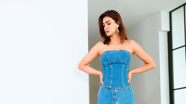 Kriti Sanon turns heads with her chic ensemble of a long skirt and trendy denim corset top.