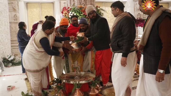Priests were seen performing 'Abhishekam' of the Lord. Prime Minister Narendra Modi will be arriving at the temple in some time to participate in the consecration ceremony. (Image Source: X/@ShriRamTeerth)