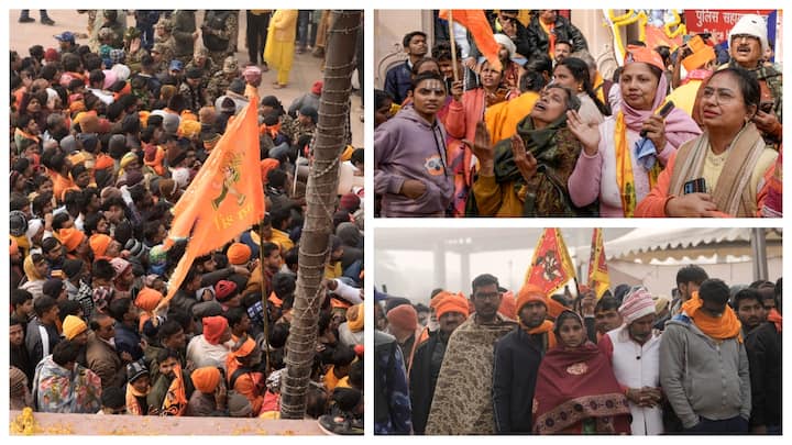 A large crowd of devotees arrived at the Ayodhya mandir to have a darshan of Ram Lalla day after the consecration ceremony.