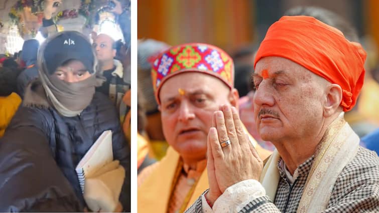 Anupam Kher visits Ram mandir the day after inauguration in disguise though gets recognised Anupam Kher: উদ্বোধনের পরদিনই সাধারণ ভক্তদের স্রোতে মিশলেন, 'বিশেষ পোশাকে'ও অনুপমকে চিনে ফেললেন রামমন্দিরের দর্শনার্থী!