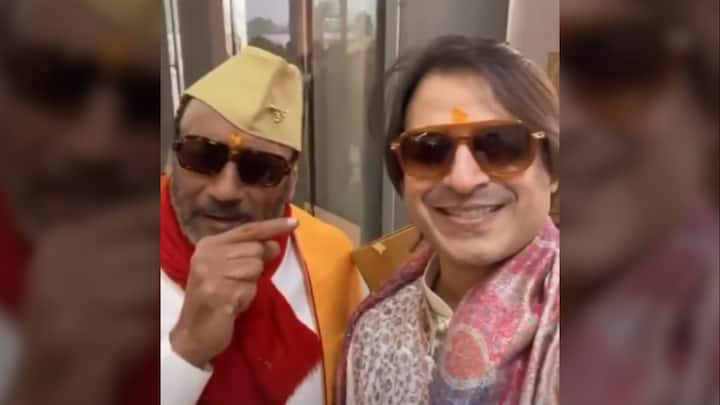 Jackie Shroff arrives at Ram Mandir barefooted Vivek Oberoi click pictures with him Jackie Shroff Arrives Barefoot, Carries A Plant With Him At Ram Mandir; Vivek Oberoi Shares Pictures