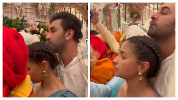 Video Of Ranbir Kapoor, Alia Bhatt Inside Ram Mandir Getting Pushed By Crowd For Ram Lalla Darshan Ranbir Kapoor Protects Alia Bhatt As They Get Pushed Amid Crowd At Ram Mandir, Watch Video