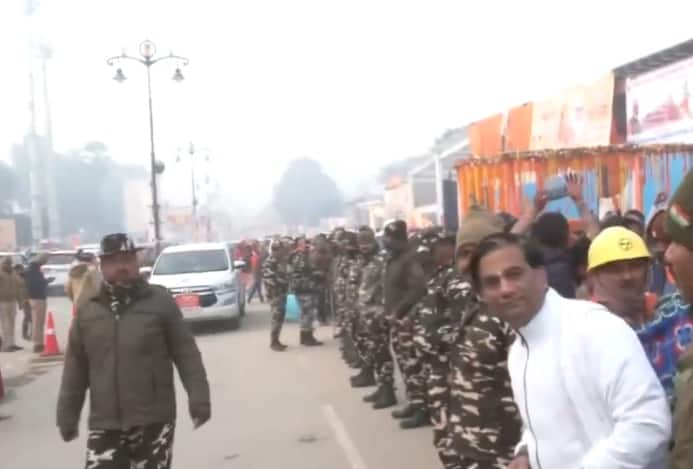 Security tightened outside Ram Temple in Ayodhya as crowd throng the city to offer prayers. (Source: ANI)