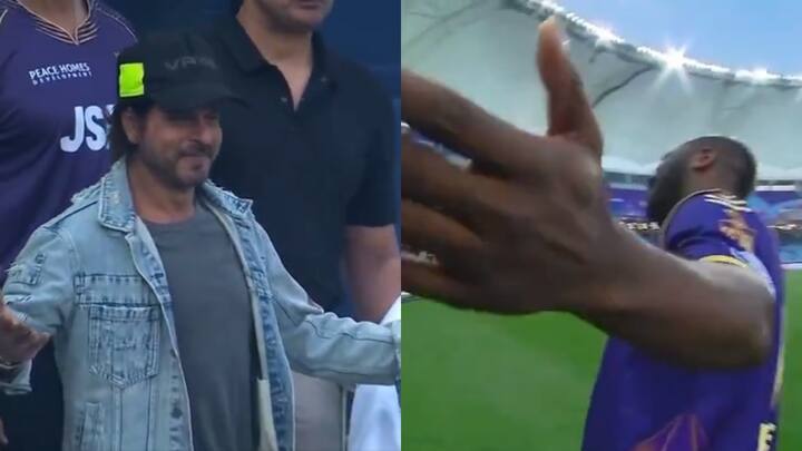 Andre Russell Recreates Shah Rukh Khan's Iconic Pose in front of him watch video International League T20 2024 Watch: आंद्रे रसेल ने दिया शाहरुख खान वाला पोज, फिर SRK से इस तरह मिला जवाब; वीडियो ने चुराया फैंस का दिल