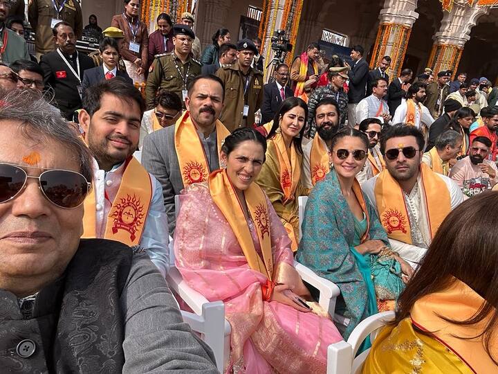 Veteran filmmaker Subhash Ghai captured star couple Ranbir-Alia and Vicky-Katrina along with Rohit Shetty, Anant Ambani and wife Radhika Merchant in a selfie.