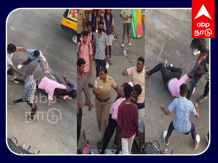 Villupuram bus stand School and college students clashed in front of police - TNN போலீஸ்  முன் மோதிக்கொண்ட பள்ளி, கல்லூரி மாணவர்கள் - விழுப்புரத்தில் பரபரப்பு