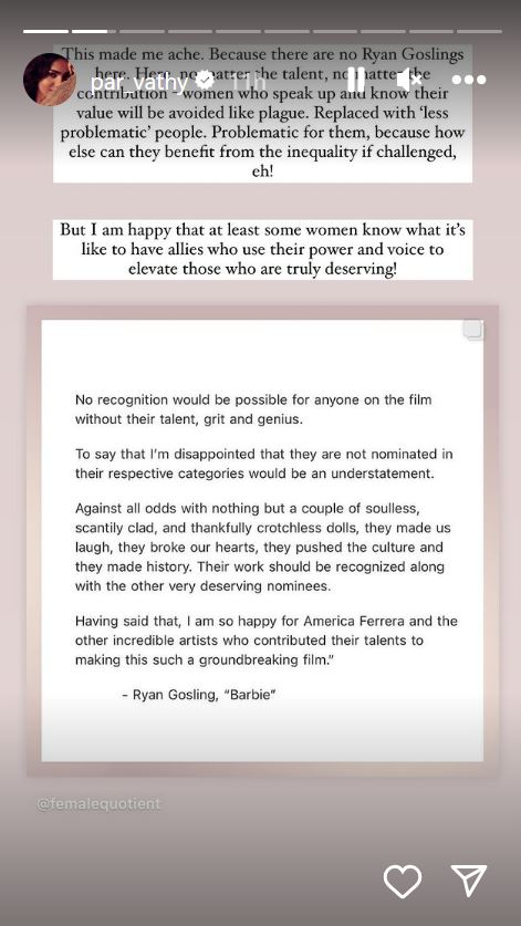 Parvathy Applauds Ryan Gosling’s Statement On Barbie’s Oscar Snub: ‘There Are No Ryan Goslings Here