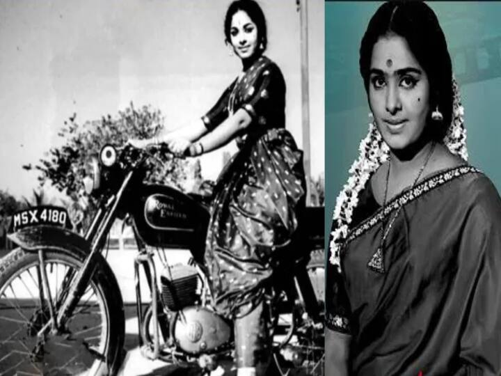 K.R. Vijaya unseen photo riding royal enfield bike K.R.Vijaya: 60களில் ராயல் என்ஃபீல்டு பைக் ஓட்டிய நடிகை: புடவை கட்டியபடி தூள் கிளப்பிய கே.ஆர்.விஜயா!