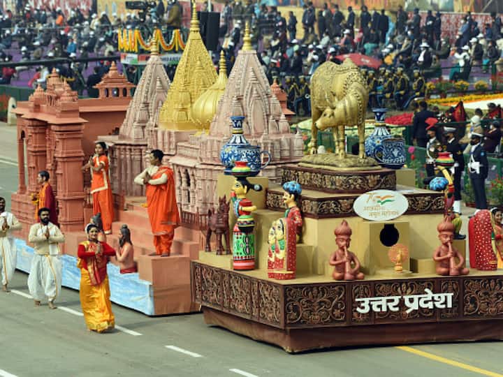 The Uttar Pradesh state tableau on display during the 73rd Republic Day parade, at Rajpath, on January 26, 2022 in New Delhi, India. (Source: Getty)