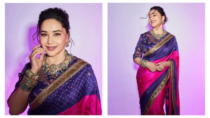 Madhuri Dixit oozed royal vibes in a vibrant pink and blue Bandhani saree.