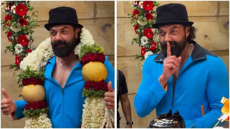 Bobby Deol Celebrated his birthday with paparazzi in animal abraar style see video Watch: बॉबी देओल ने 'एनिमल' का अबरार बन पैपराजी संग मनाया बर्थडे, 5 मंजिला केक के साथ किया सेलिब्रेट