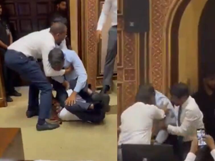 Watch Video Maldives Parliament Punches Kicks Hair Pulled During Session Watch Video: தூக்கி போட்டு மிதித்த எம்.பி.! படுக்க வைத்து கும்மாங்குத்து -  பைட் கிளப்பாக மாறிய மாலத்தீவு நாடாளுமன்றம்!