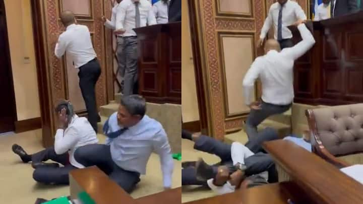 Fight In Maldives Parliament: मालदीव की संसद में विशेष सत्र के दौरान दो सांसदो में झड़प हो गई. यह लड़ाई राष्ट्रपति मोहम्मद मुइज्जू के मंत्रिमंडल को लेकर सत्तारूढ़ और विपक्ष के सांसदों में हुई.