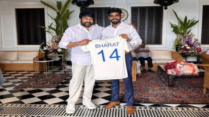 Picture of KS Bharat with Telugu Superstar Chiranjeevi went viral after IND Vs ENG 1st Test in Hyderabad.