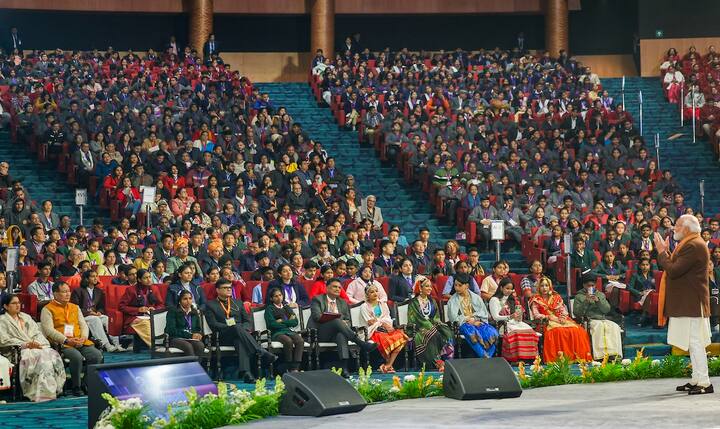 Over three thousand participants took part in the PPC 2024 event today including teachers, parents, and students. Two students and a teacher from each state and union territory, along with winners of the Kala Utsav also attended the event. (Image Source: PTI)