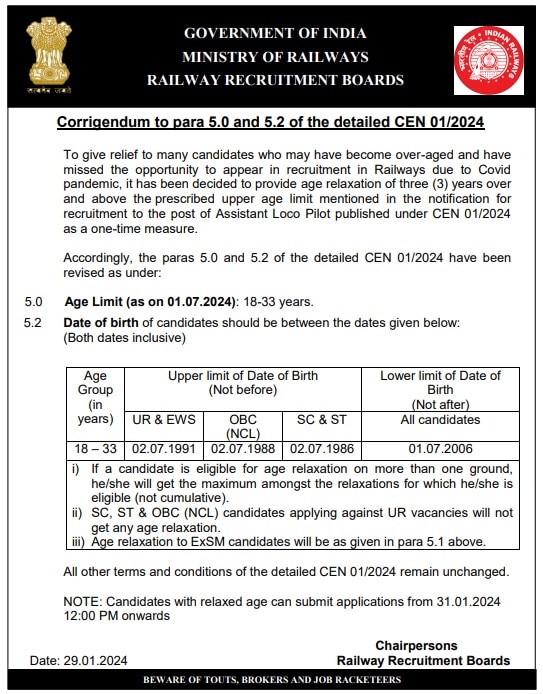 Railway Jobs: అసిస్టెంట్ లోకో పైలట్ ఉద్యోగాలకు వయోపరిమితి పెంపు, పరీక్షల షెడ్యూలు వెల్లడి