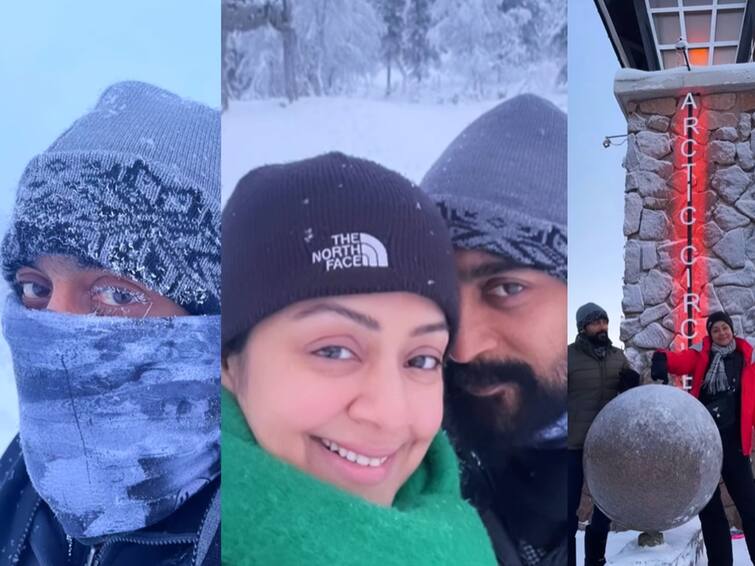 suriya jyothika famous kollywood couple video from finland winning netizens hearts Suriya - Jyothika: உறைபனியில் உருகும் காதல்! பின்லாந்து நாட்டில் சூர்யா - ஜோதிகா: இதயங்களை அள்ளும் வீடியோ!