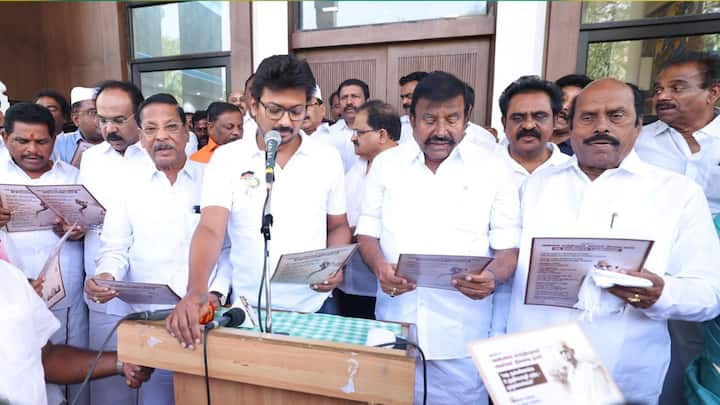 On the death anniversary of Mahatma Gandhi, DMK leaders led by Tamil Nadu Minister Udhayanidhi Stalin took a 'religious harmony' oath on Tuesday