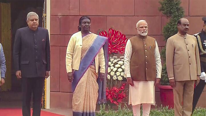 President Droupadi Murmu, Vice President Jagdeep Dhankhar, Prime Minister Narendra Modi, and Lok Sabha Speaker Om Birla on the first day of the Budget session of Parliament. (Image Source: PTI)