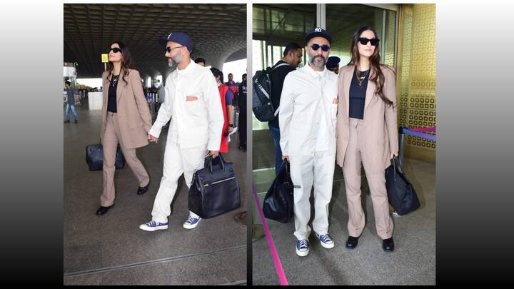 Sonam Kapoor Pics: सोनम कपूर ने हाल ही में प्रेग्नेंसी के बाद अपने ट्रांसफॉर्मेशन से हर किसी को हैरान कर दिया था. वहीं एक्ट्रेस आज सुबह अपने पति संग स्टाइलिश लुक में एयरपोर्ट पर स्पॉट हुईं.