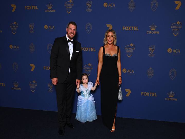 Aaron Finch and Amy Finch arrive with their daughter Esther ahead of the 2024 Cricket Australia Awards at Crown Palladium on January 31, 2024 in Melbourne, Australia. (Image Credit: Getty)