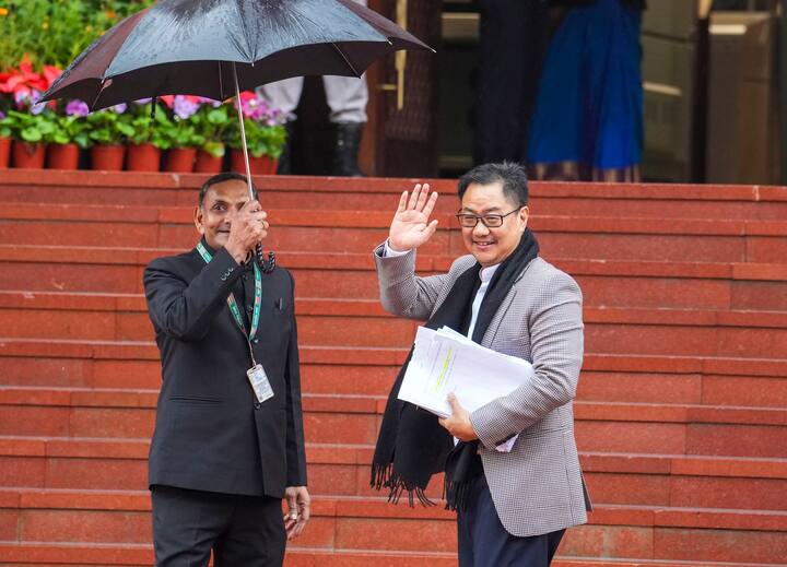 Union Minister of Earth Sciences Kiren Rijiju arrives at Parliament for the Budget session (Photo: PTI)