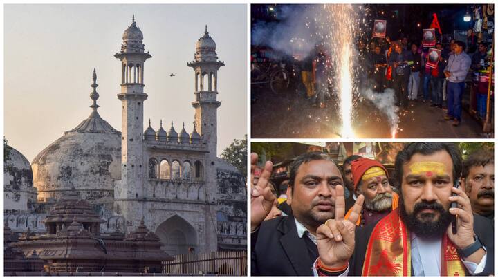 People of different Hindu organisations celebrated on Wednesday after the Varanasi district court granted the family of a priest the right to worship Hindu deities in the Gyanvapi mosque cellar.