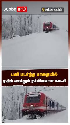 பனி படர்ந்த பாதையில் ரயில் செல்லும் ரம்மியமான காட்சி