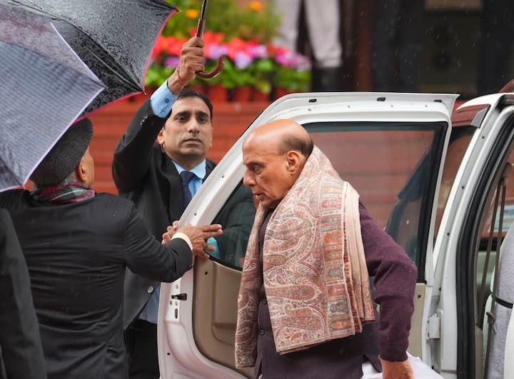Union Defence Minister Rajnath Singh arrives at Parliament for the Budget session (Photo: PTI)