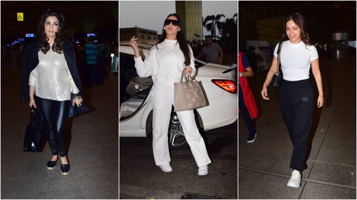 Bollywood Actresses Pics:  बीती रात मुंबई एयरपोर्ट पर बॉलीवुड की हसीनाओं का मेला लग गया. इस दौरान रवीना टंडन  से लेकर नोरा फतेही और भूमि पेडनकर स्टाइलिश लुक में स्पॉट हुई.