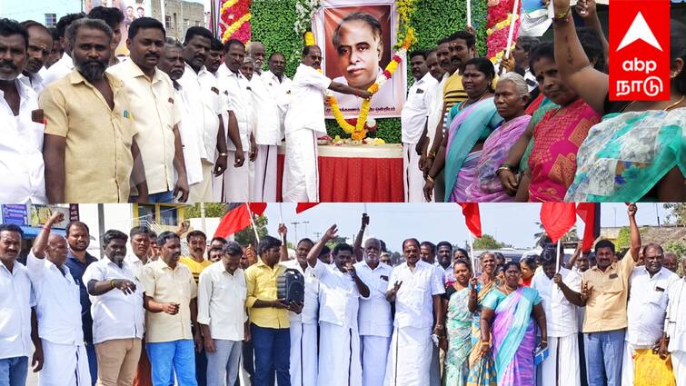 Villupuram Let's work together to win 40 out of 40 seats DMK vows before Anna - TNN Villupuram : 40க்கு 40 தொகுதிகளை கைப்பற்ற ஒன்று கூடி பாடுபடுவோம் - அண்ணா படத்திற்கு முன் சபதம் ஏற்ற திமுகவினர்